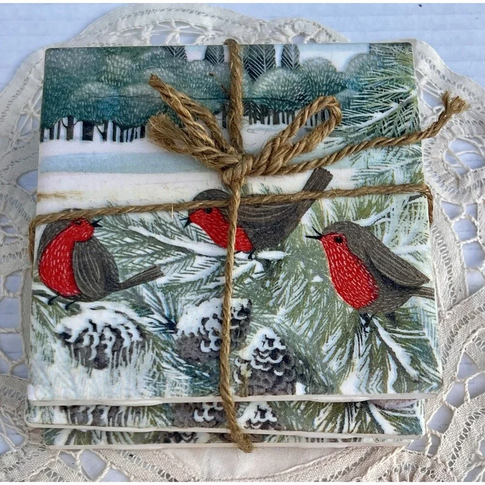 Handmade  Red Robin Coasters Set of 4 Ceramic Tile Coasters Cottagecore